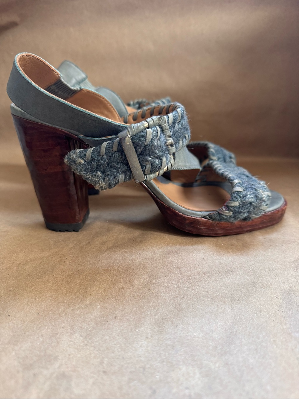 John Fluevog Tuggawar Hopscotch Leather Woven Fibre Strappy Heeled Sandals. 11.5 - Picture 3 of 15